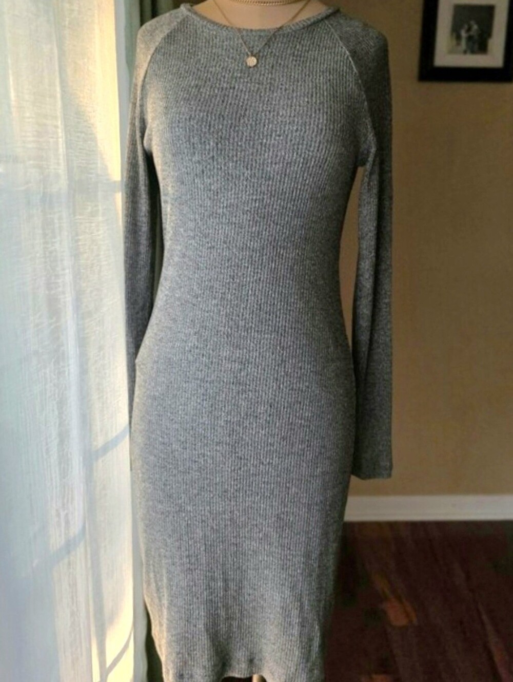 Gray Ribbed Knit Midi Sweater Dress Bodycon Long Sleeve S Banana Republic